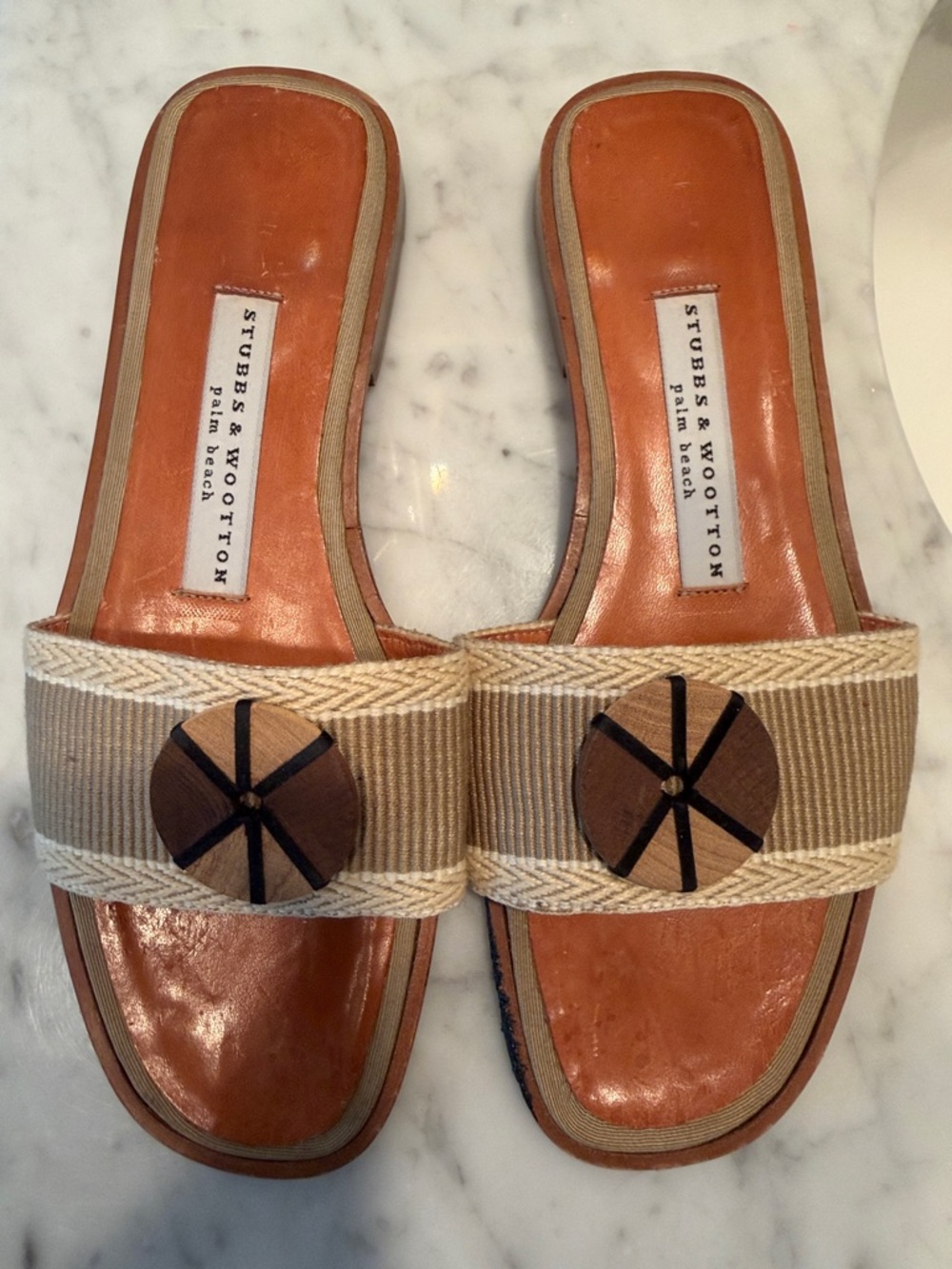 Stubbs & Wootton Tan & Natural Woven Slide Mules